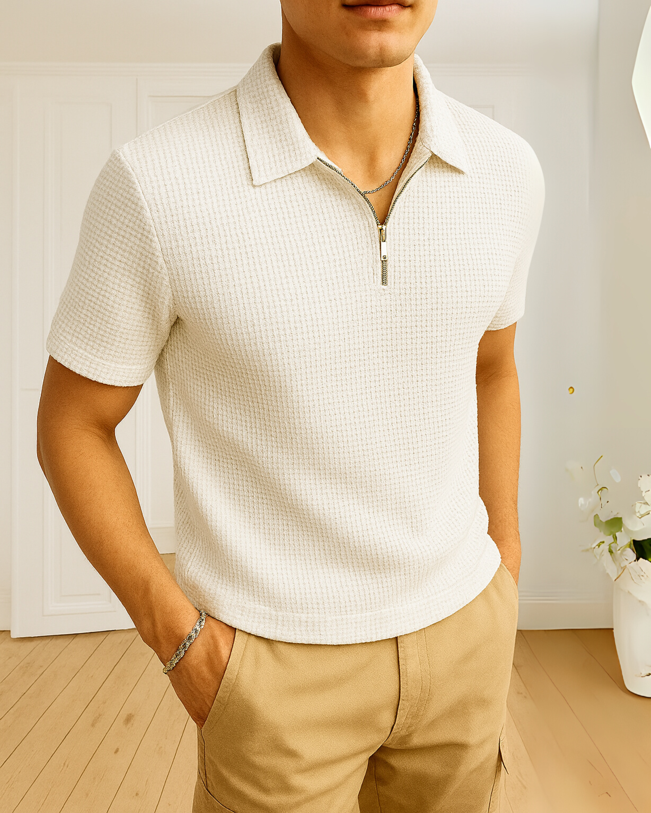 Waffle Knit Zipper Polo T-Shirt - White