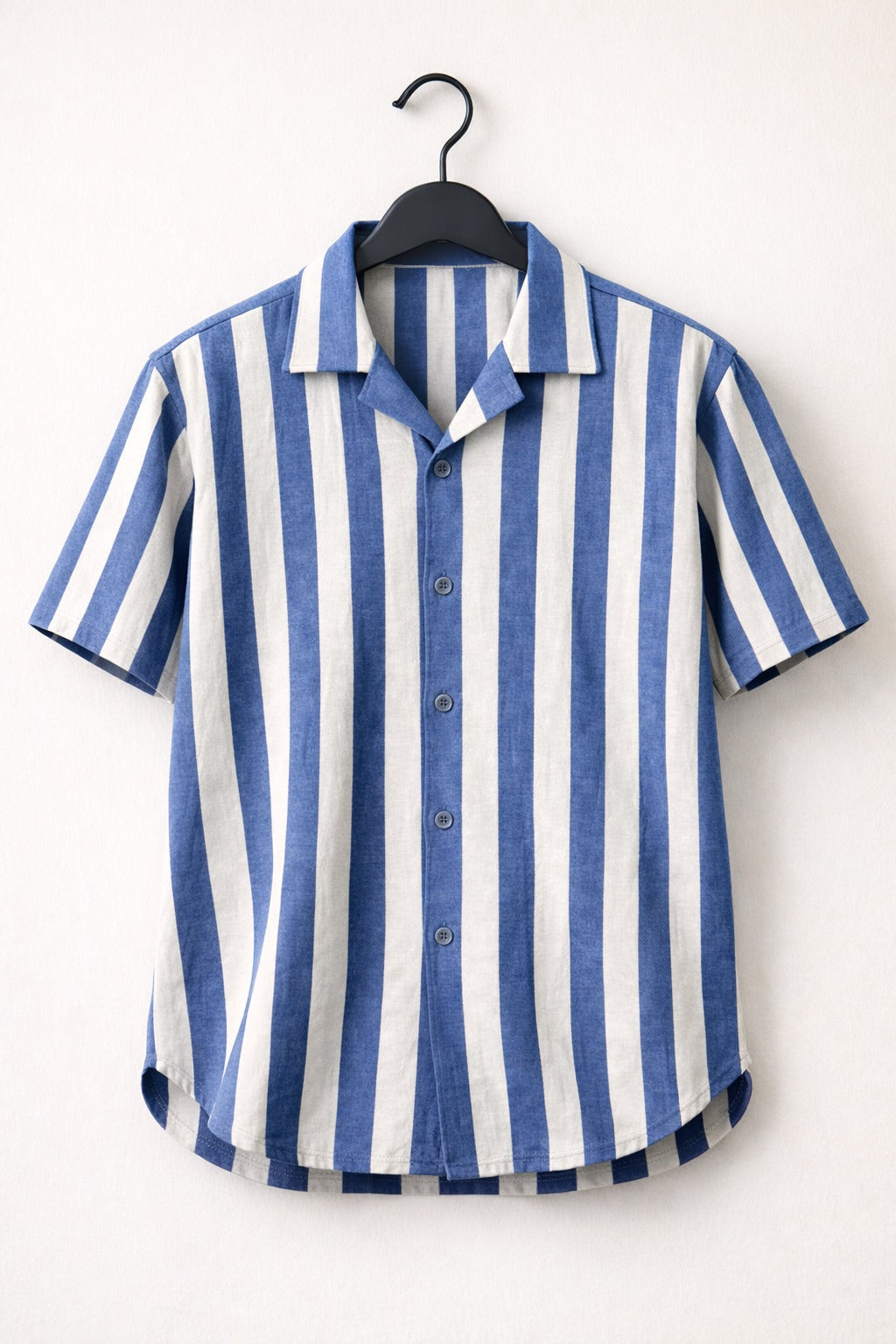 Blue Stripe Cuban Collar Shirt for Men