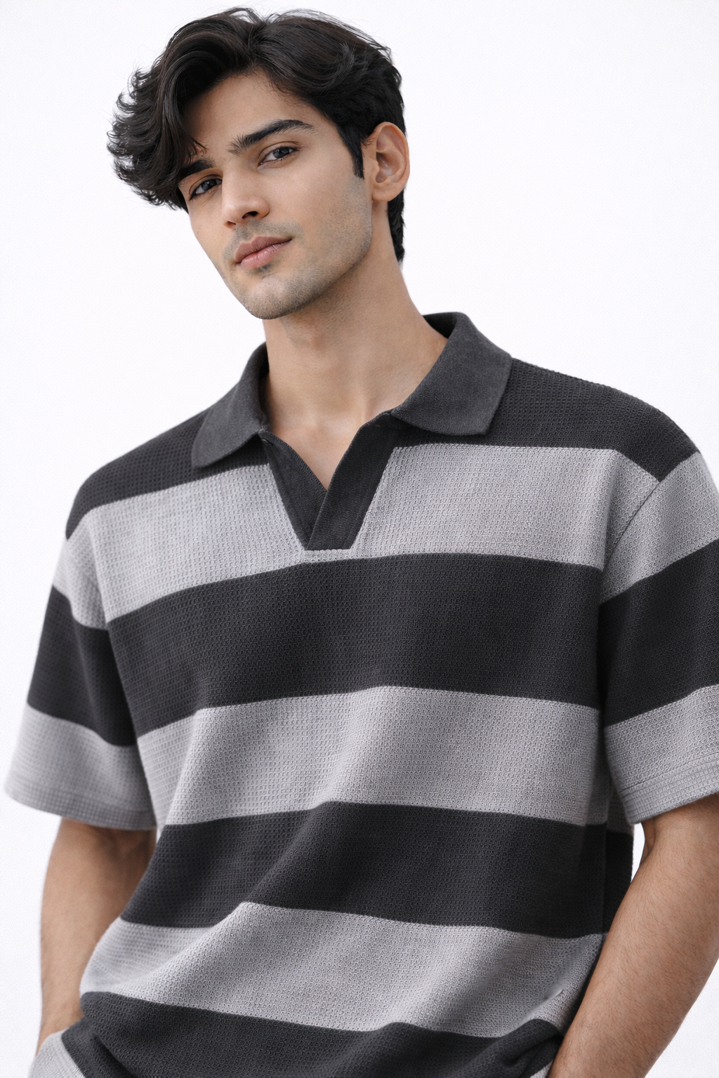 Waffle Knit Textured Stripe Polo – Oversized Fit